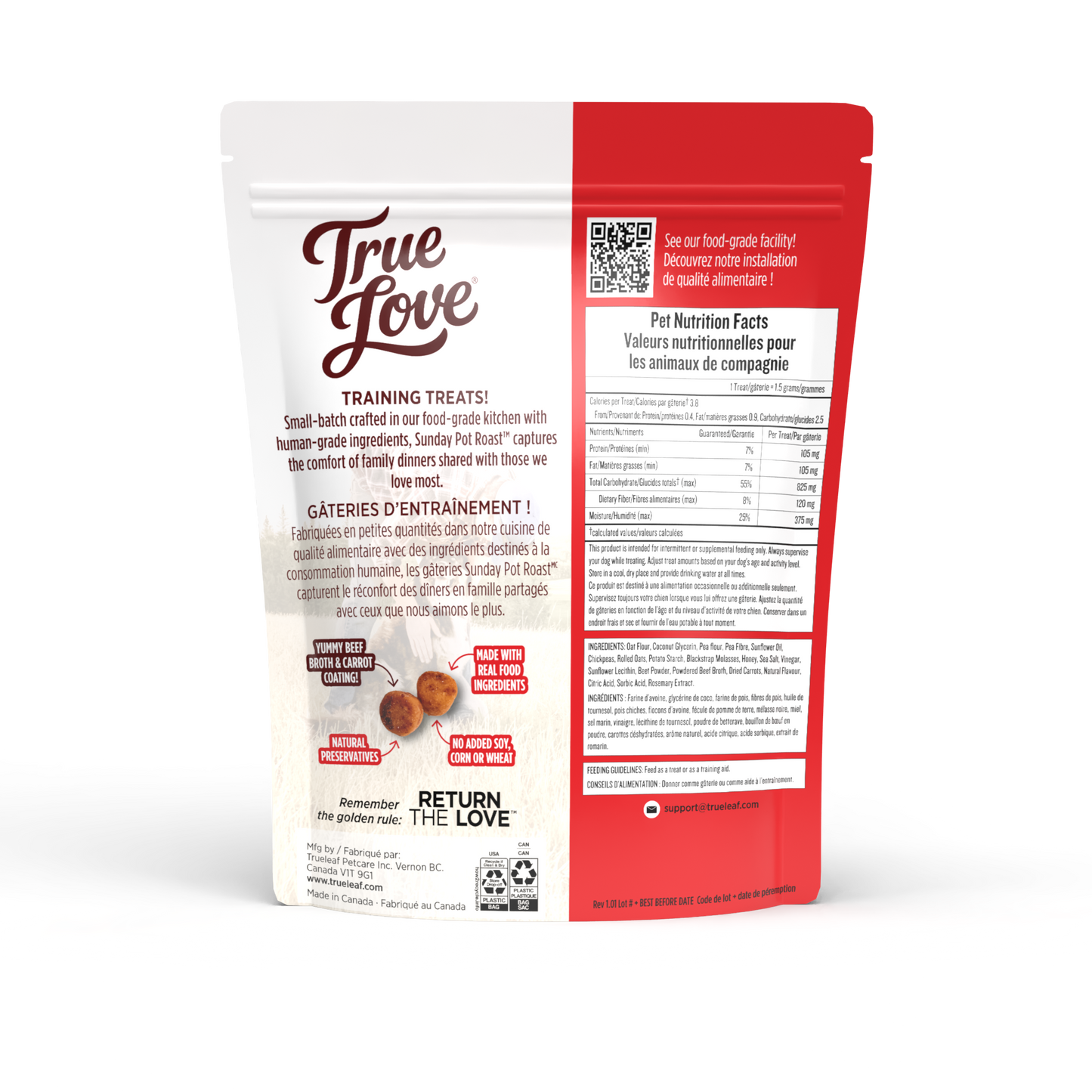 Red and white package of True Love training pads on a white background