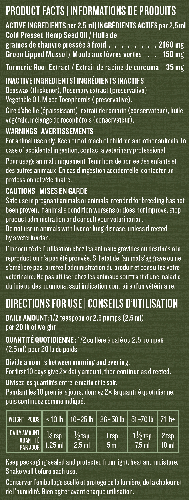 Hip and joint support oil for dogs - product facts and directions