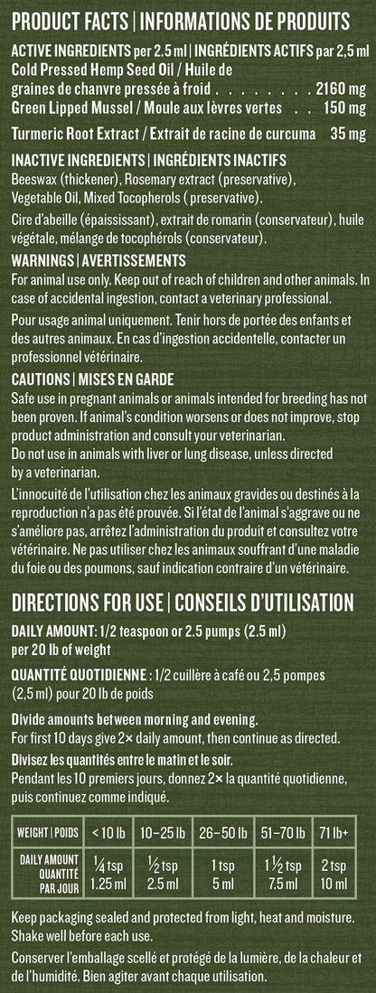 Hip and joint support oil for dogs - product facts and directions